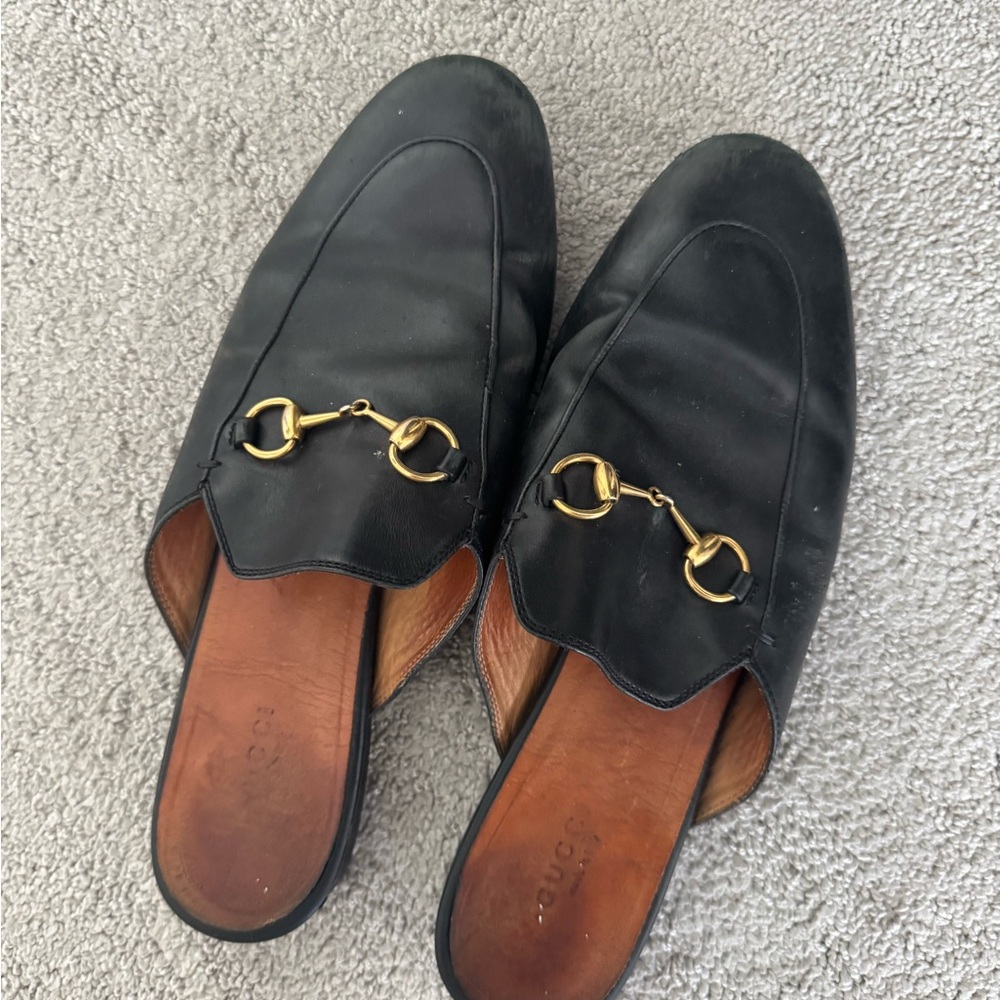 Black Leather Loafers with Gold Buckle